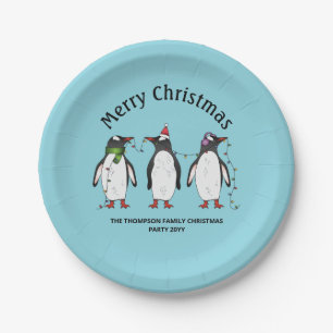 Three Festive Christmas Penguins With Custom Text Paper Plates