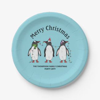 Three Festive Christmas Penguins With Custom Text Paper Plates