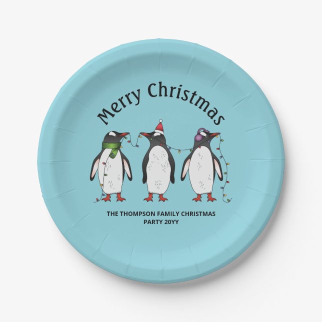 Three Festive Christmas Penguins With Custom Text Paper Plates (Front)