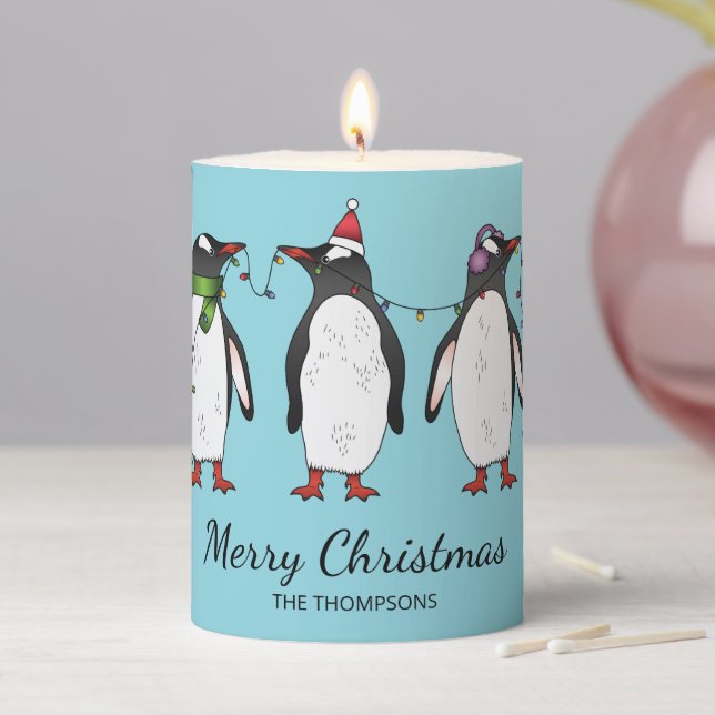Three Festive Christmas Penguins With Custom Text Pillar Candle (In Situ)