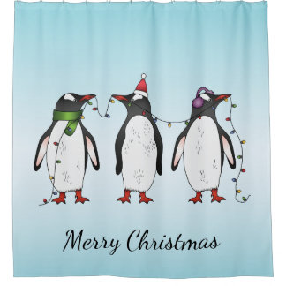 Three Festive Christmas Penguins With Custom Text Shower Curtain