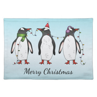 Three Festive Christmas Penguins With Text Cloth Placemat