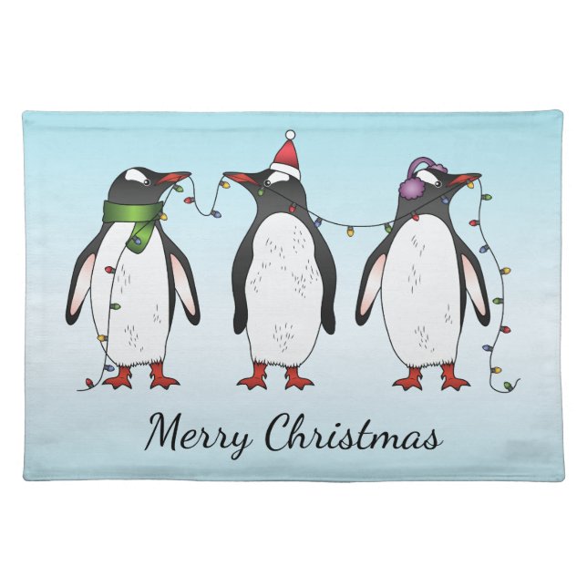 Three Festive Christmas Penguins With Text Cloth Placemat (Front)