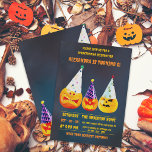 Three Festive Jack O' Lanterns Halloween Birthday Invitation<br><div class="desc">Get ready to party with this Halloween-themed birthday party invitation! Set against a dark blue gradient background, these orange pumpkins are all dressed up in their party hats, each with a unique expression. The first jack-o-lantern grins from ear to ear, sporting a yellow polka-dotted party hat. The second jack-o-lantern wears...</div>
