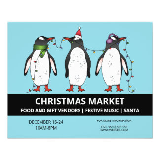 Three Festive Penguins On Blue - Christmas Market Flyer