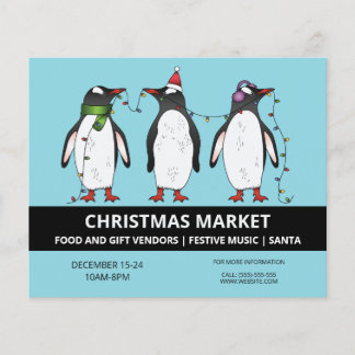 Three Festive Penguins On Blue - Christmas Market Flyer