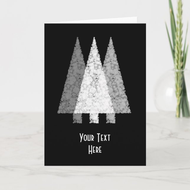 Three Festive Trees. White on Black. Holiday Card (Front)
