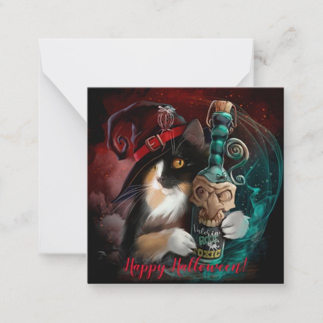 Three-fit cat wizard and a bottle of valerian	 note card (Front)