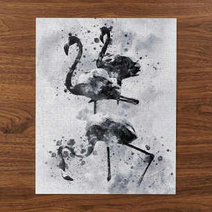 Three Flamingos Black and White Watercolor Jigsaw Puzzle
