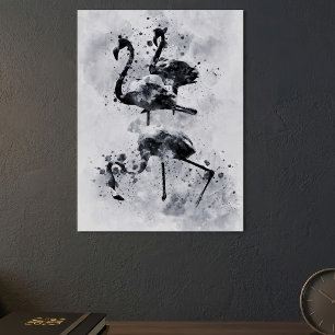 Three Flamingos Black and White Watercolor Poster