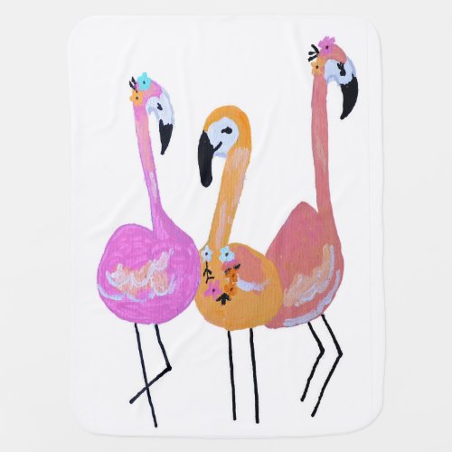 Three Flamingos by Babe Monet Art Baby Blanket