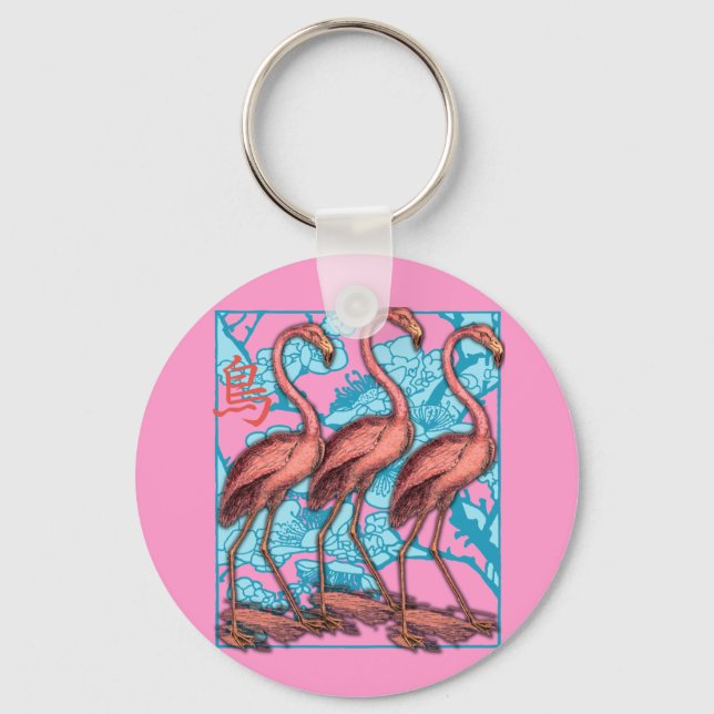 Three Flamingos with Flowers Keychain (Front)