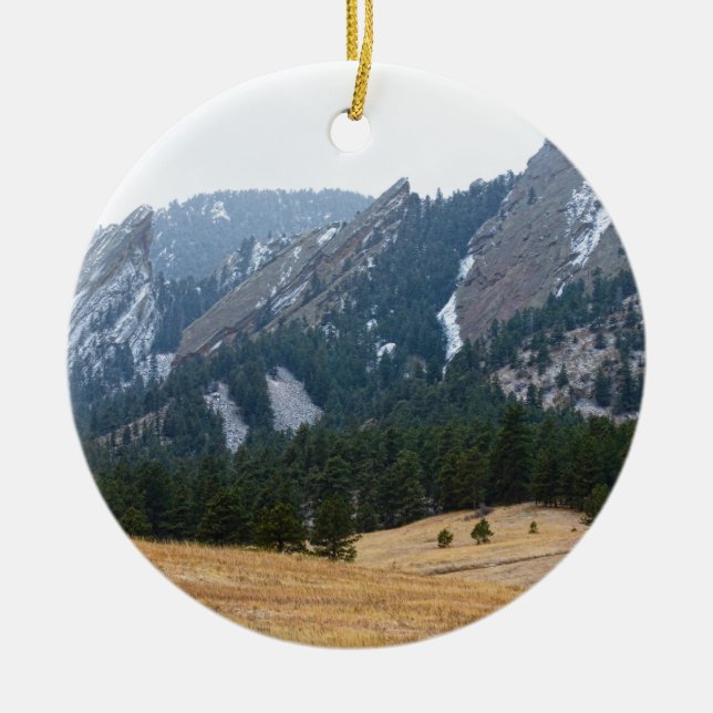Three Flatirons Boulder Colorado Winter View Ceramic Ornament (Front)