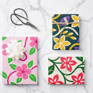 Three Floral Designs in Pink, Red & Yellow Wrapping Paper Sheets