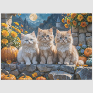 Three Fluffy Autumn Kittens with Pumpkins and Mums Tissue Paper