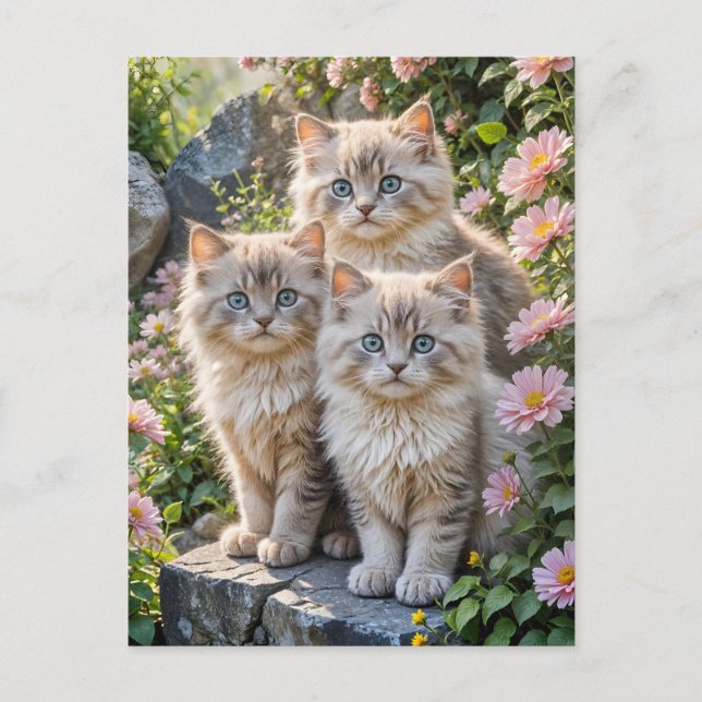 Three Fluffy Kittens in pink flowers Postcard (Front)