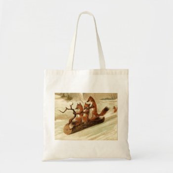 Three Foxes Sledding On A Log Tote Bag by LittleThingsDesigns at Zazzle