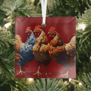 Three-French-Hens Brown-Feathered Glass Ornament