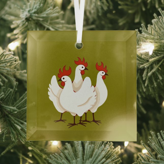 Three French Hens Retro Mid-Century Cut-Out 1 Glass Ornament (Insitu)