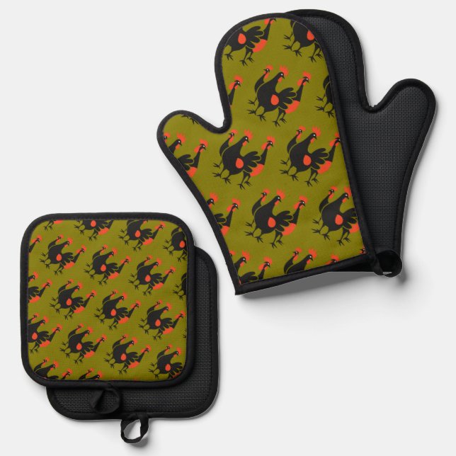 Three French Hens Retro Mid-Century Cut-Out 4 Oven Mitt & Pot Holder Set (Front/Back)