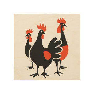 Three French Hens Retro Mid-Century Cut-Out 4 Wood Wall Art