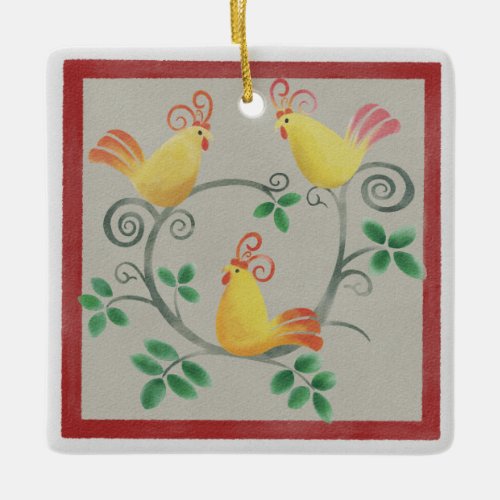 Three French Hens Square Christmas Ornament