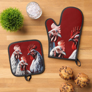 Three-French-Hens White-Feathered Oven Mitt & Pot Holder Set