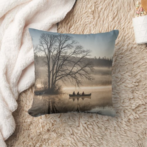 Three Friends Fishing Canoe Serene Lake Throw Pillow