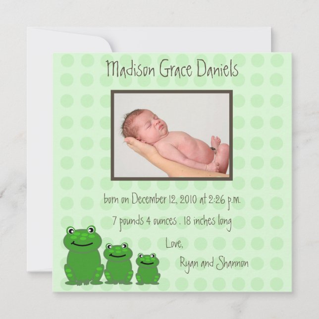 Three Frogs  Birth Announcement green (Front)