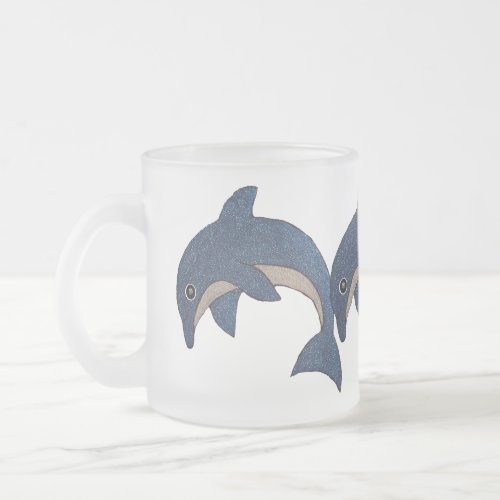 Three Frosted Glitter Look Jumping Blue Dolphins Frosted Glass Coffee Mug