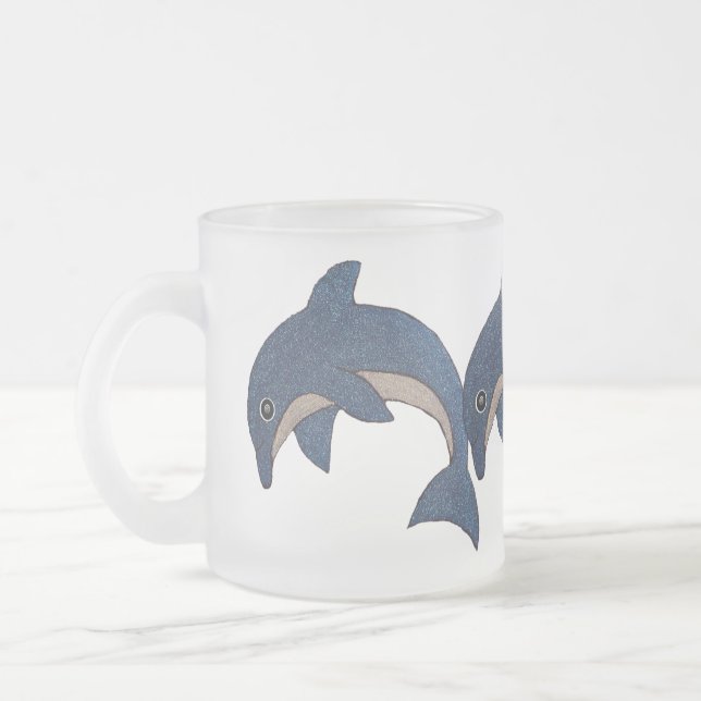 Three Frosted Glitter Look Jumping Blue Dolphins Frosted Glass Coffee Mug (Left)