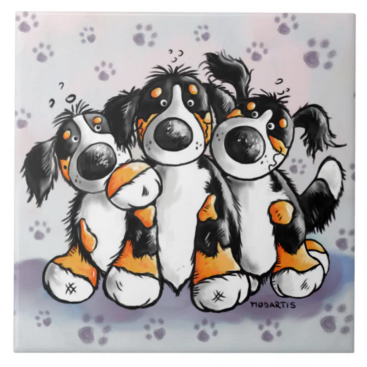Three Funny Bernese Mountain Dogs Cartoon Ceramic Tile | Zazzle