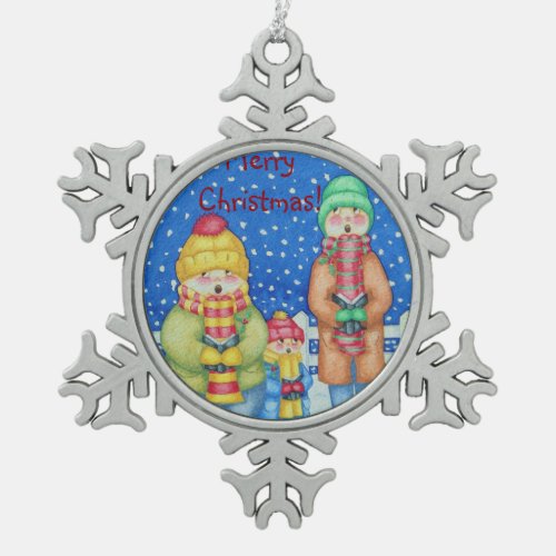 three funny carol singers snow scene snowflake pewter christmas ornament