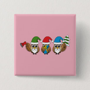 Three Funny Christmas Gnome Owls Button