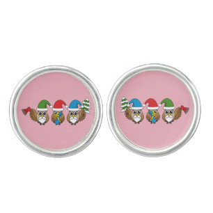 Three Funny Christmas Gnome Owls Cufflinks