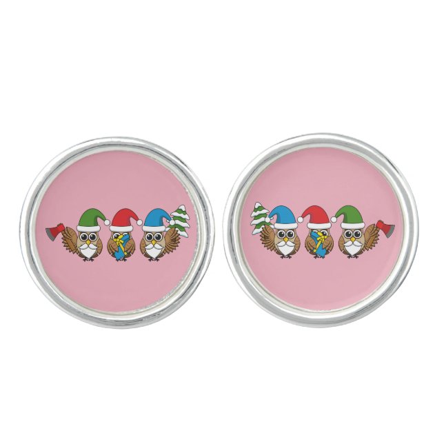 Three Funny Christmas Gnome Owls Cufflinks (Front)