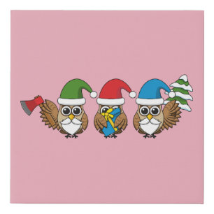 Three Funny Christmas Gnome Owls Faux Canvas Print