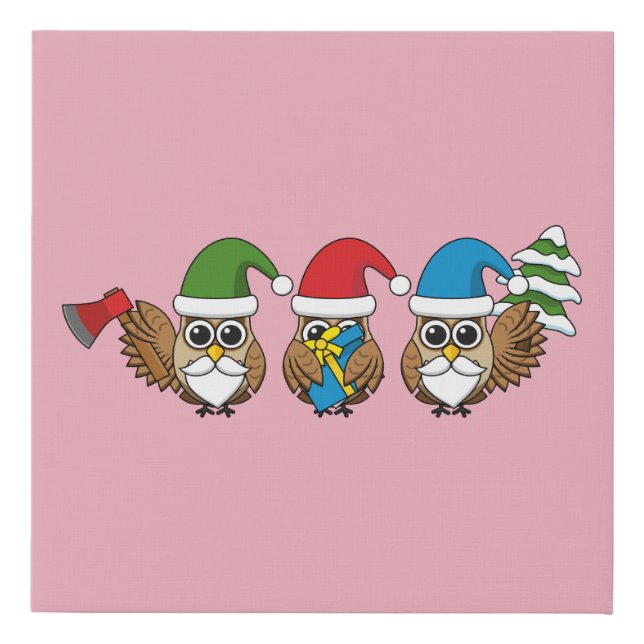 Three Funny Christmas Gnome Owls Faux Canvas Print (Front)