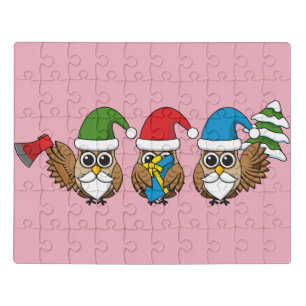 Three Funny Christmas Gnome Owls Jigsaw Puzzle