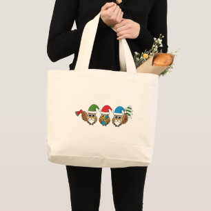Three Funny Christmas Gnome Owls Large Tote Bag