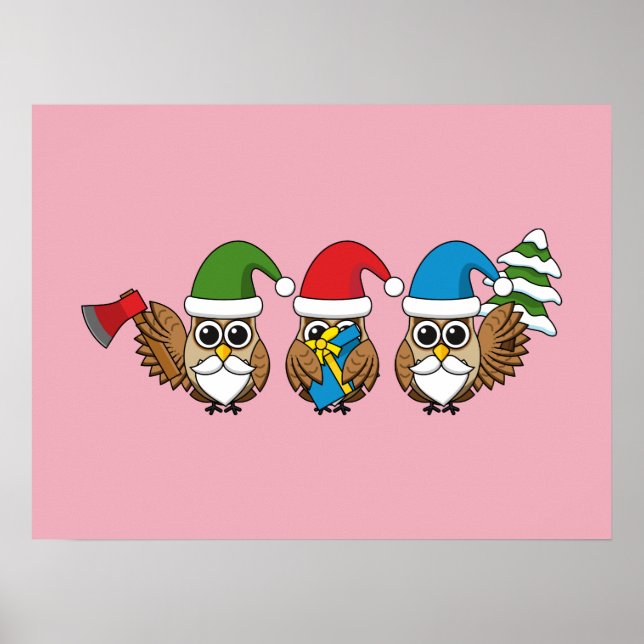 Three Funny Christmas Gnome Owls Poster (Front)