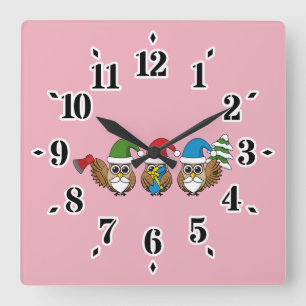 Three Funny Christmas Gnome Owls Square Wall Clock