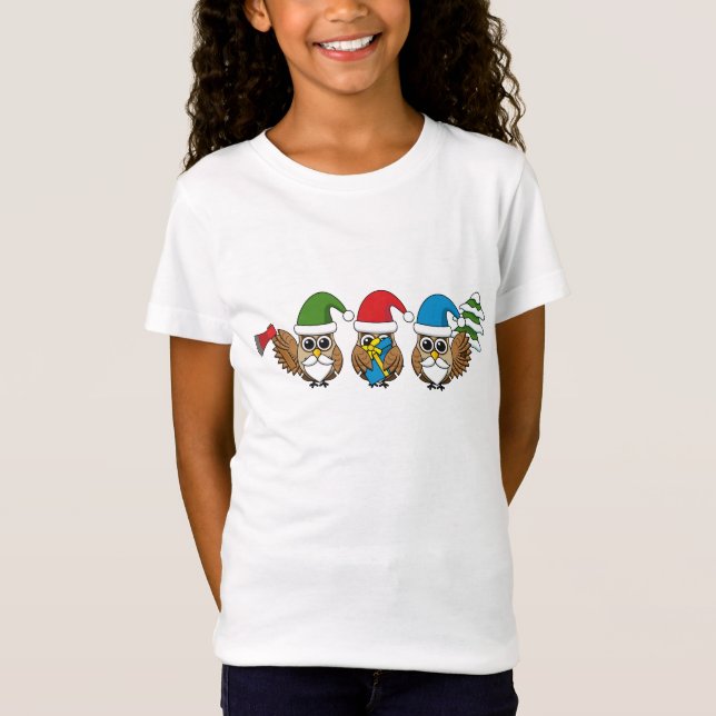 Three Funny Christmas Gnome Owls T-Shirt (Front)