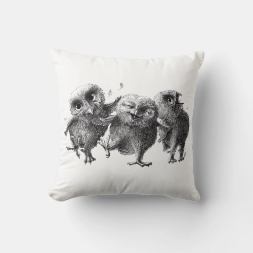 Three Funny Crazy Owls Throw Pillow