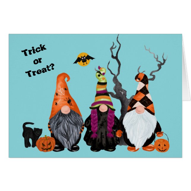 Three Funny Gnomes Halloween Trick or Treat Cards (Front Horizontal)