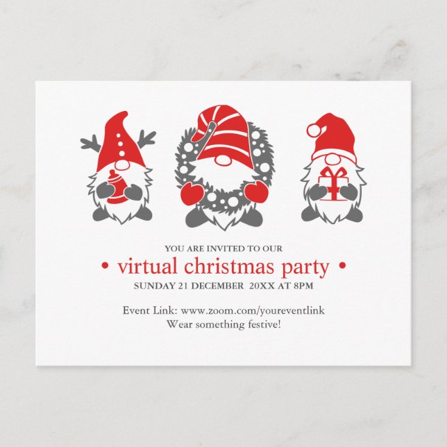 Three Funny Gnomes | Virtual Christmas Party Holiday Postcard (Front)