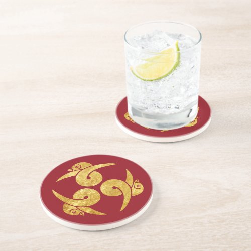 Three Geese Japanese Kamon in faux gold red Coaster