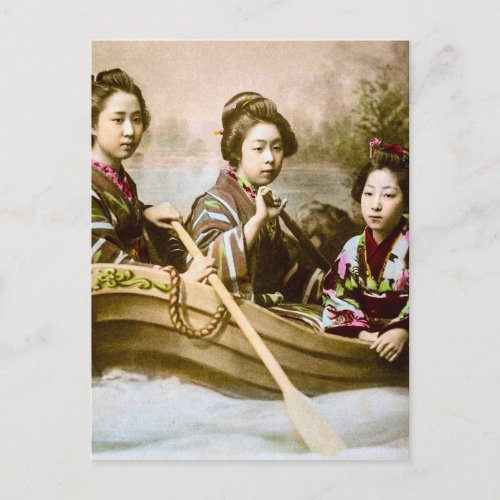 Three Geisha in a Row Boat Vintage Glass Slide Postcard