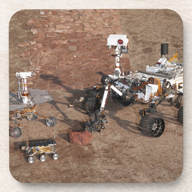 Three Generations Of Mars Rovers. Beverage Coaster (Front)