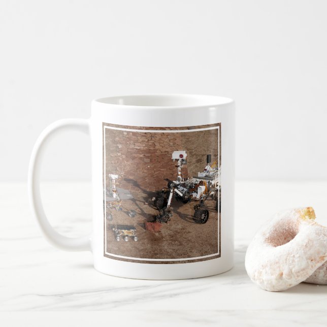 Three Generations Of Mars Rovers. Coffee Mug (With Donut)